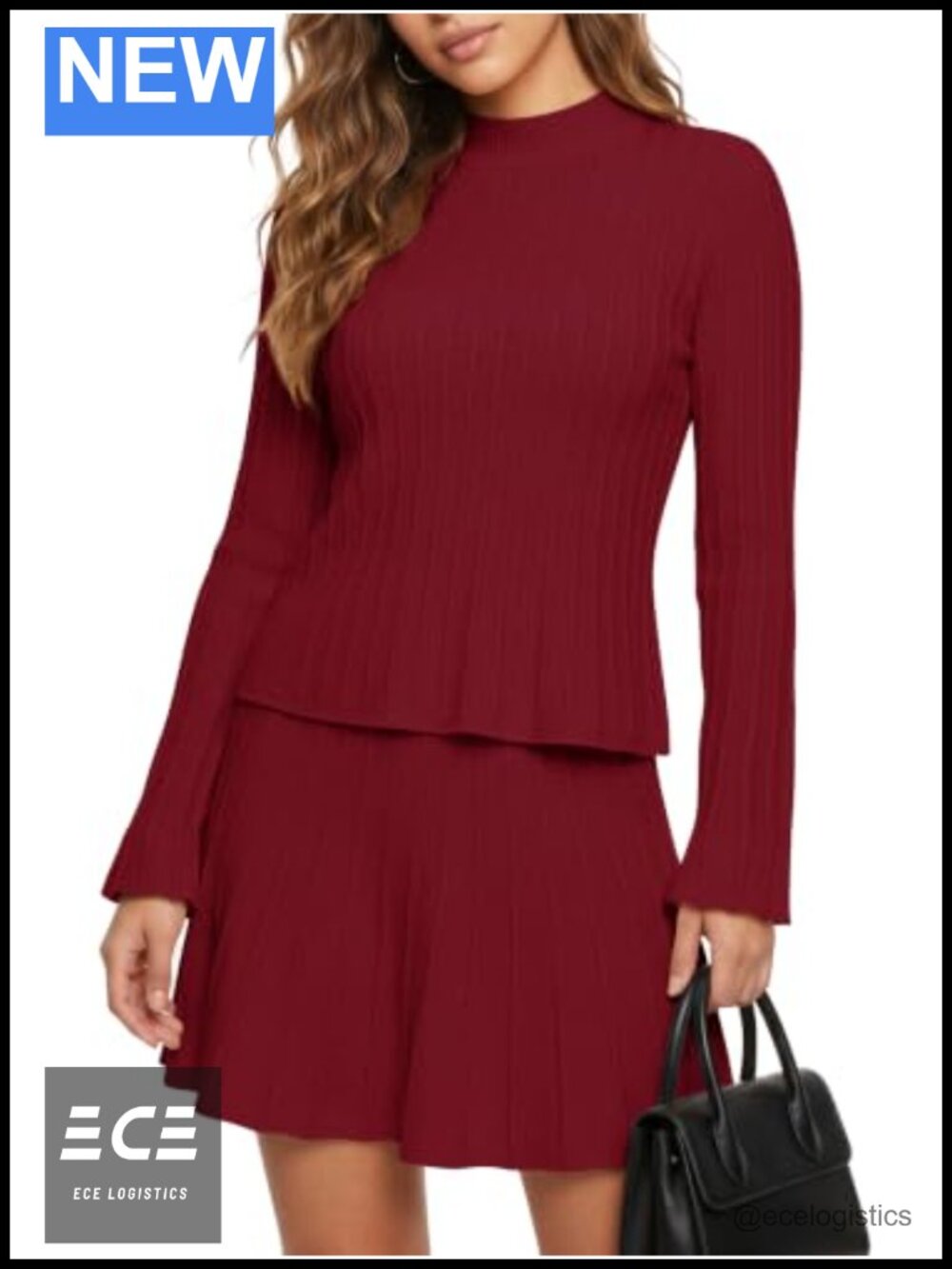 Womens 2 Piece Ribbed Knit Mockneck Sweater & Pleated Mini Skirt Set